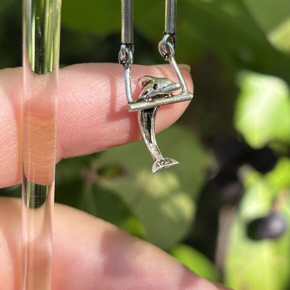 Vintage Sterling Silver Dolphin Dangle Earrings 925 Spinning Charm Long Drop - Picture 4 of 6